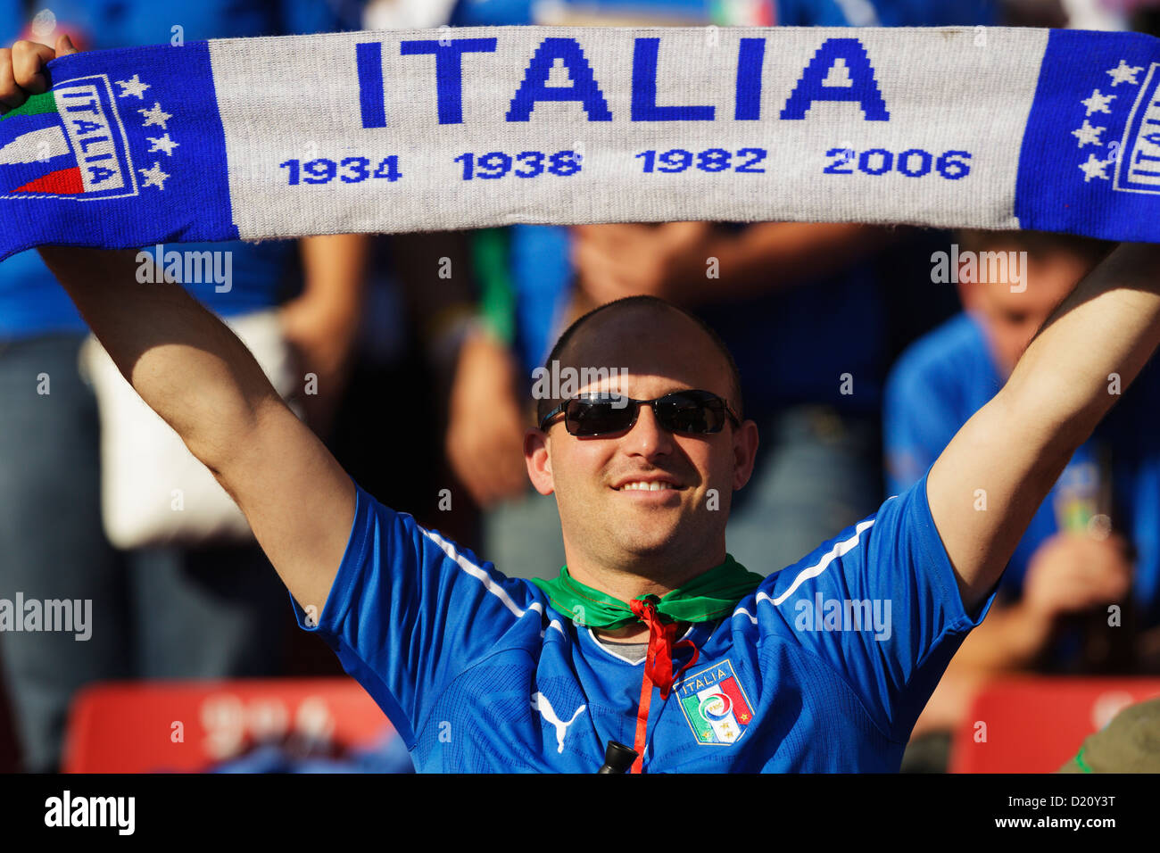 An Italy supporter displays a scarf at the FIFA World Cup Group F match between Italy and Slovakia at Ellis Park Stadium. Stock Photo