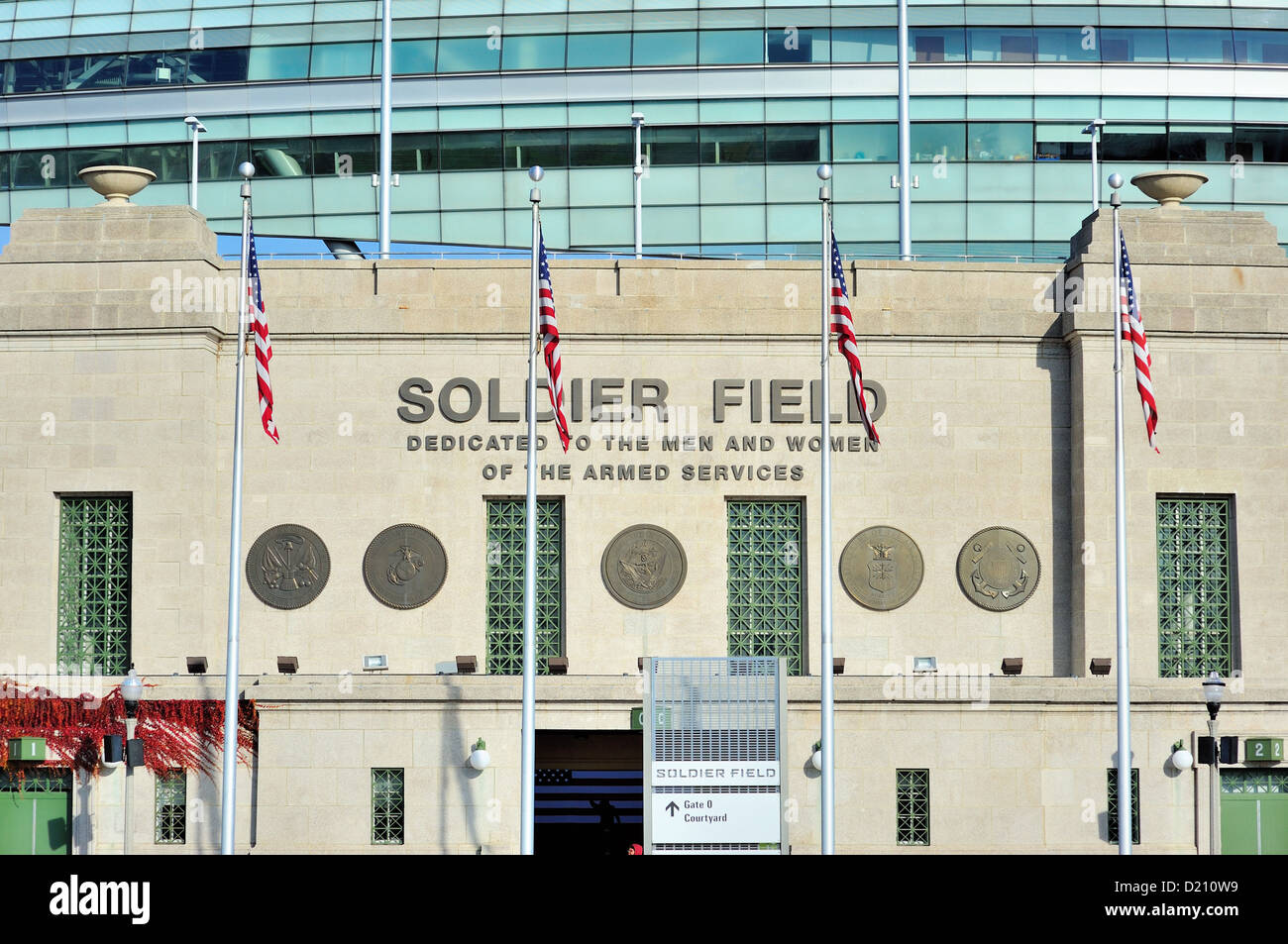 Chicago, Illinois, USA.The south end of the Neoclassical style of Chicago's Soldier Field with renovated components above the gate area. Stock Photo