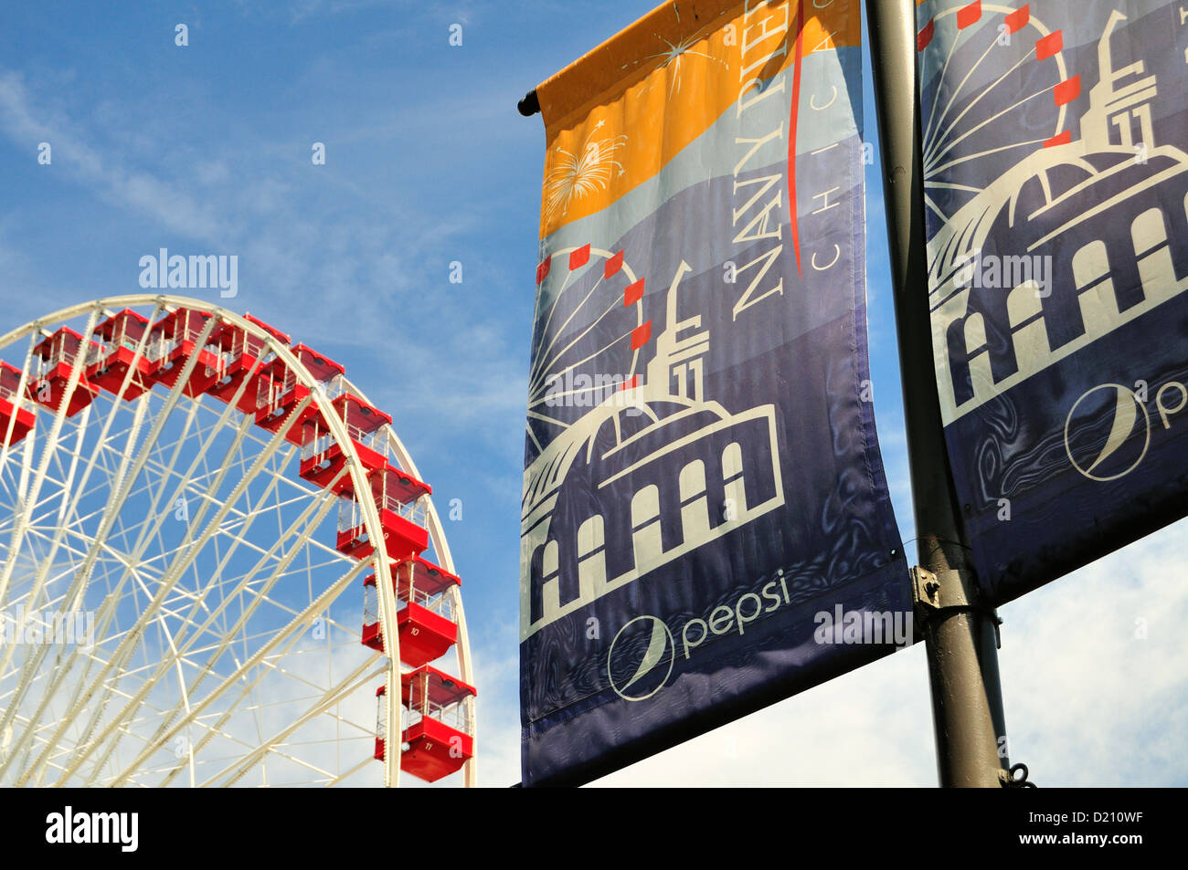 USA Illinois Chicago Navy Pier banner and McDonald's Ferris Wheel. Stock Photo