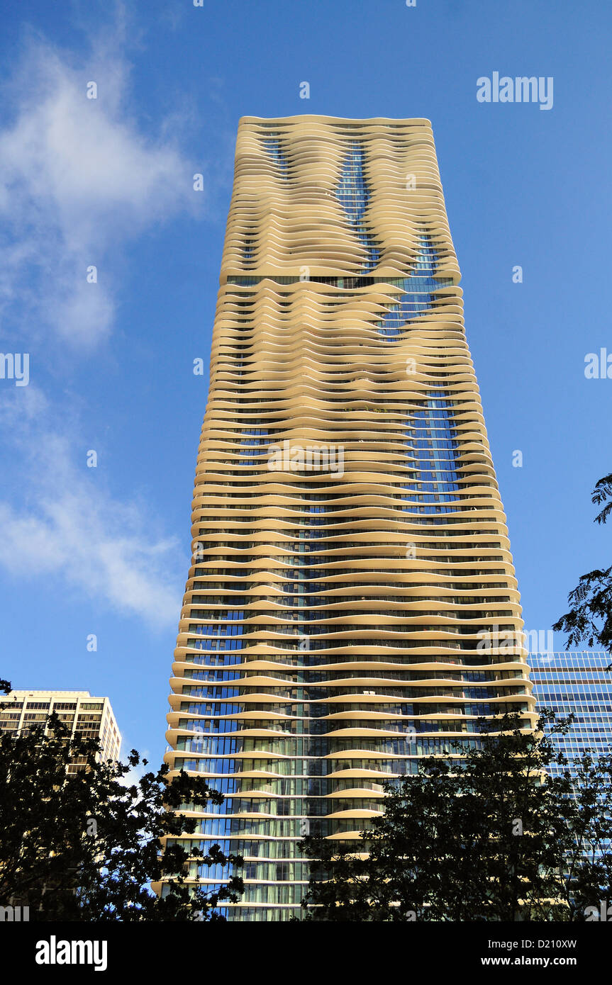 USA Illinois Chicago Aqua Building an 86-story mixed-use residential skyscraper wave-like architecture sides Stock Photo