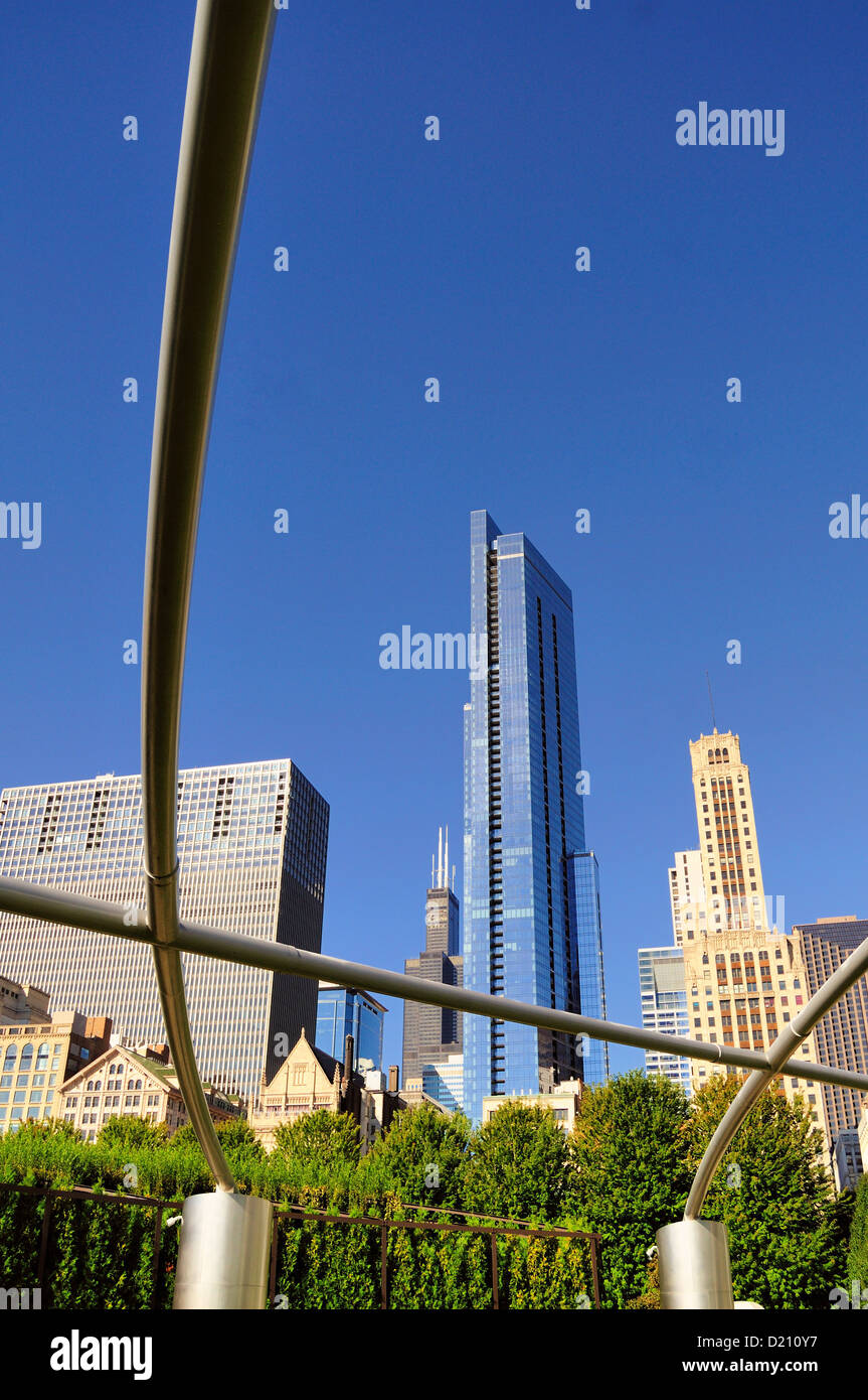 USA Illinois Chicago Legacy at Millennium Park skyline Pritzker Pavilion  Willis Tower (formerly Sears Tower) Willoughby Tower Stock Photo