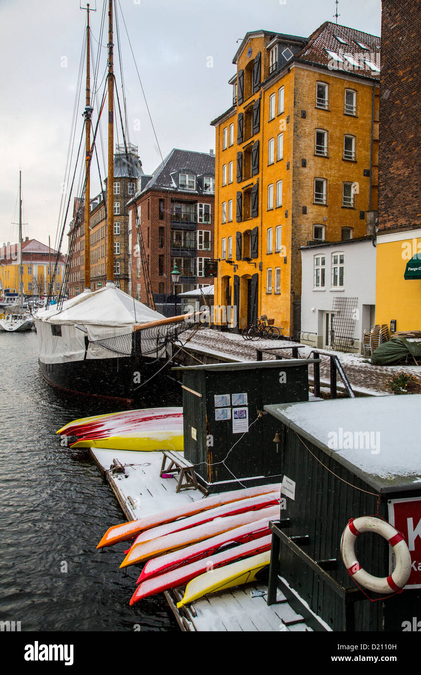 Christianshavn, an old port quarter, now with lots of people living here, in modernized houses, surrounded by canals. Copenhagen Stock Photo