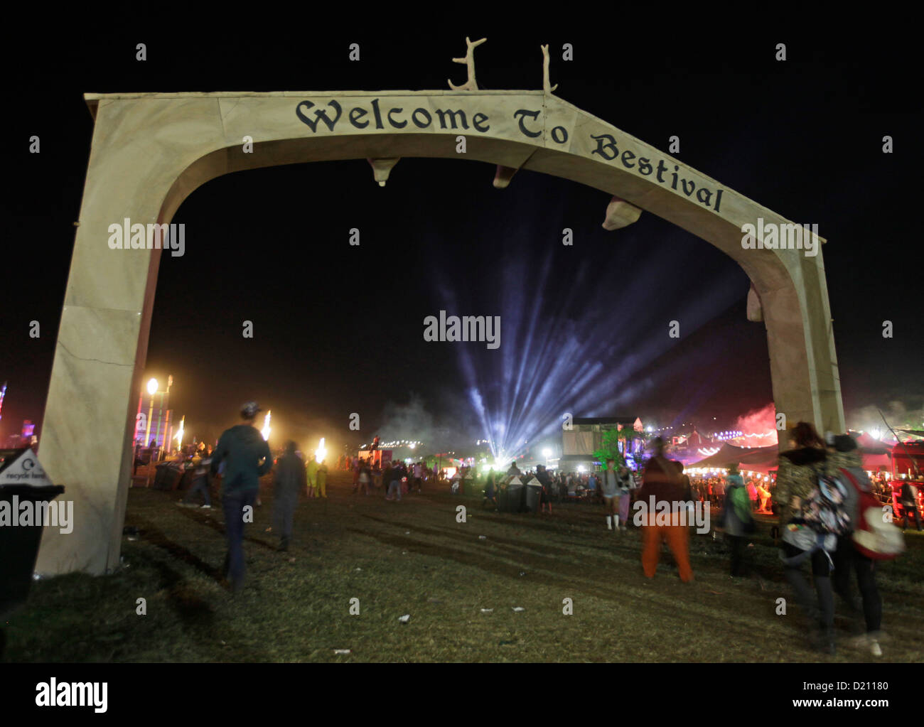 the welcome gate during the night at BESTIVAL FESTIVAL, ISLE OF WHITE, SEPTEMBER 2012 Stock Photo