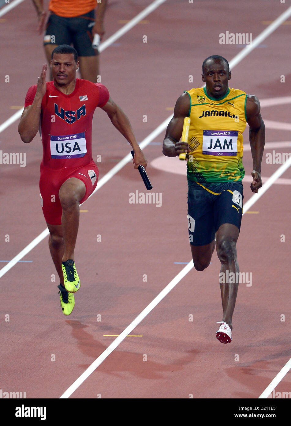 Jamaica's Usain Bolt (right) battles it out with USA's Ryan Bailey. Athletics Stock Photo