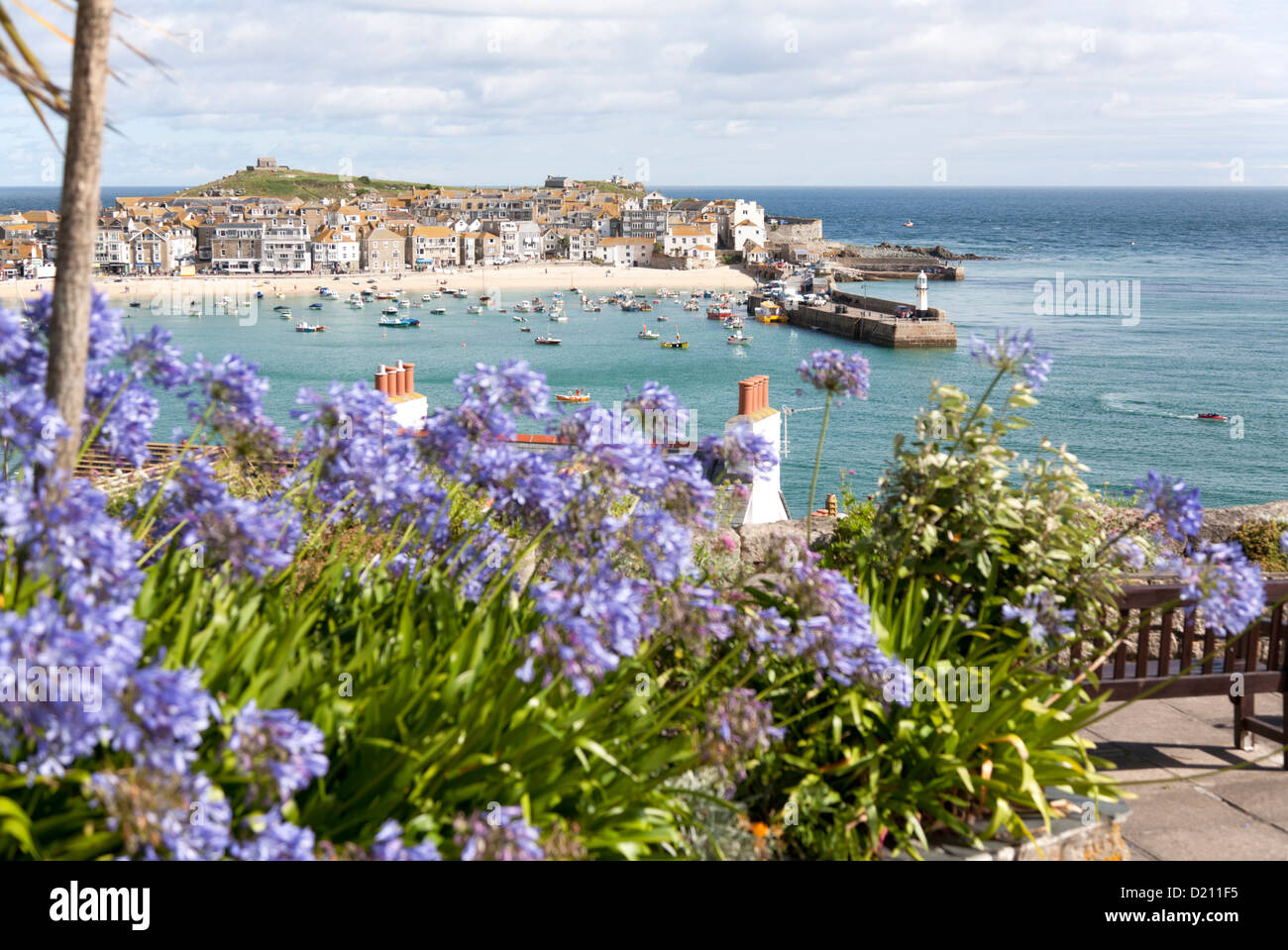 St Ives harbour Cornwall UK from a floral viewing point on a sunny