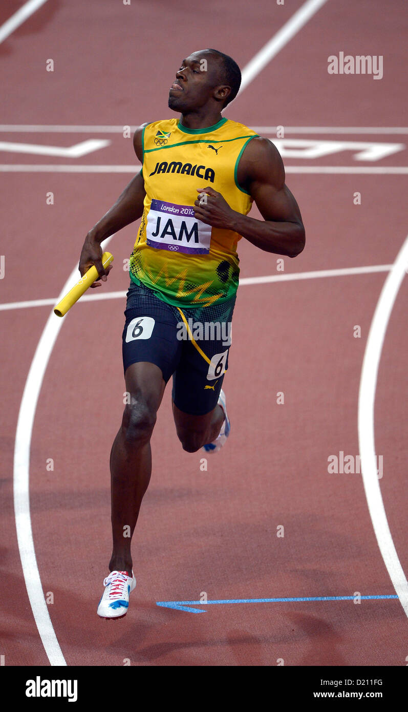 30th olympiad stadium  track celebrates jamaica baton mobot, Stock Photo