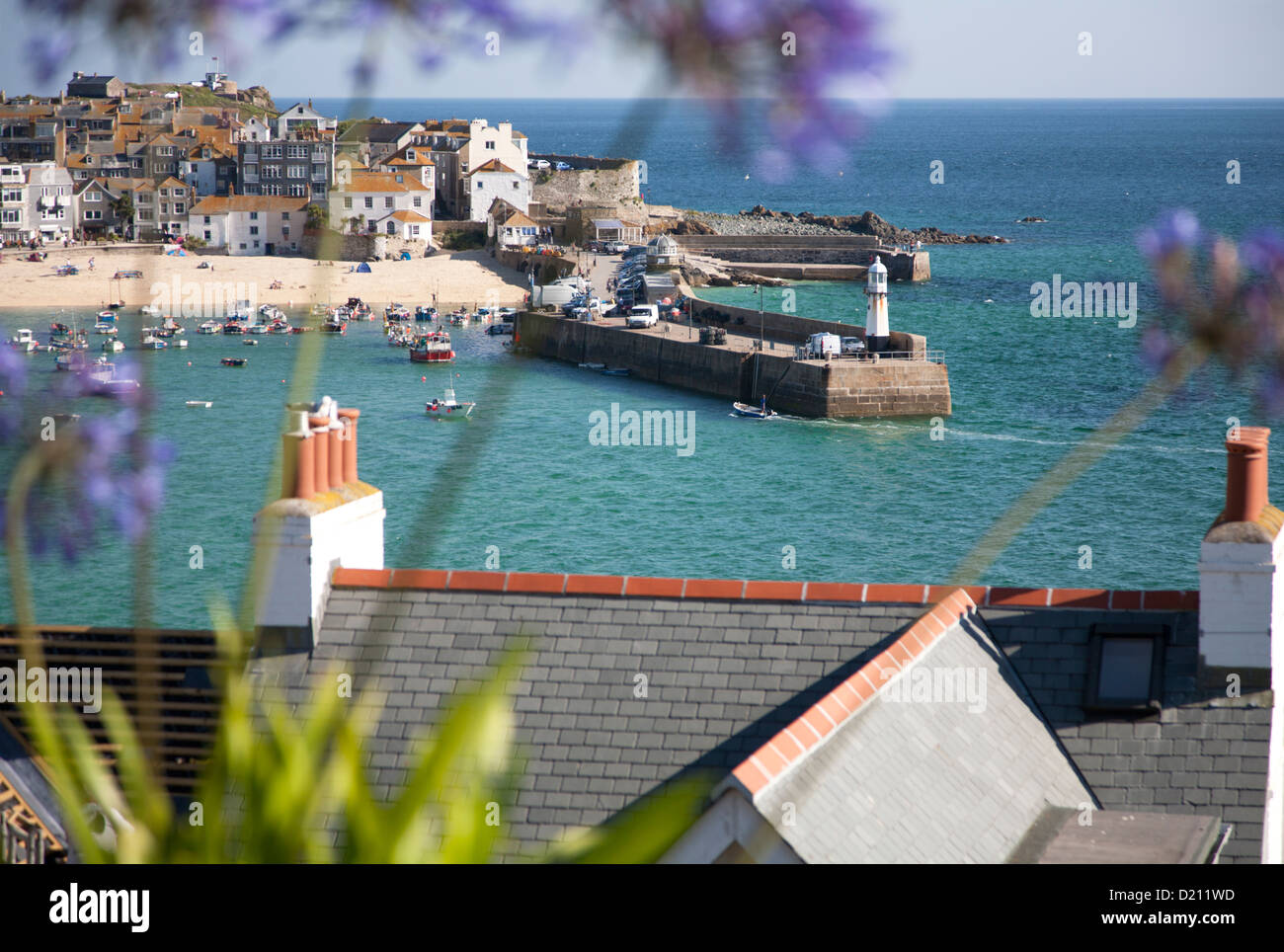 St Ives harbour Cornwall UK viewed through flowers Stock Photo