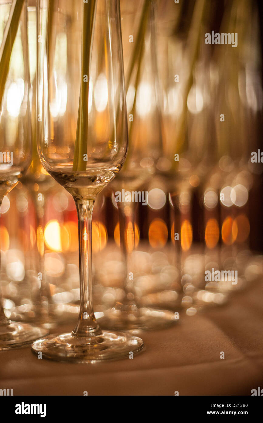 Champagne flute glasses on table at wedding reception, England, UK Stock Photo