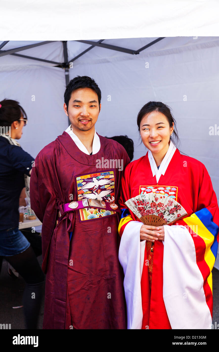 Japanese people in traditional dress kimono  at market in new York City, USA Stock Photo