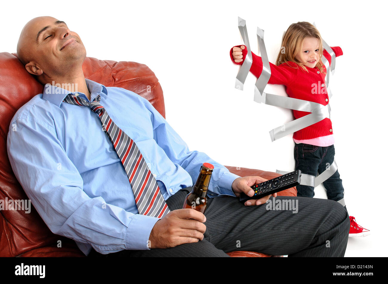 Young girl glued to the wall with duct tape, so daddy can relax and