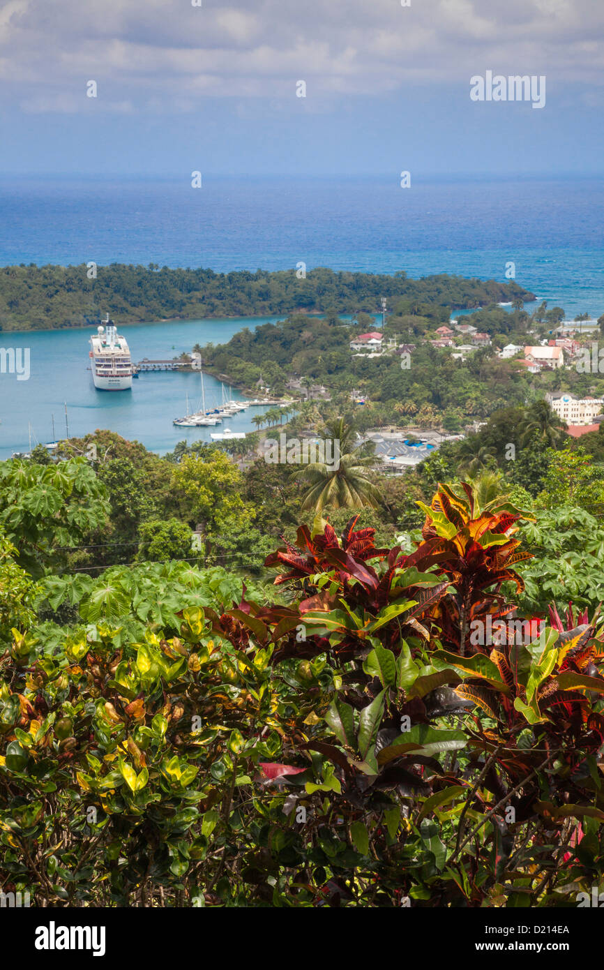 Lush tropical vegetation with cruise ship MS Deutschland (Reederei Peter Deilmann) in the background, in the harbour, Port Anton Stock Photo