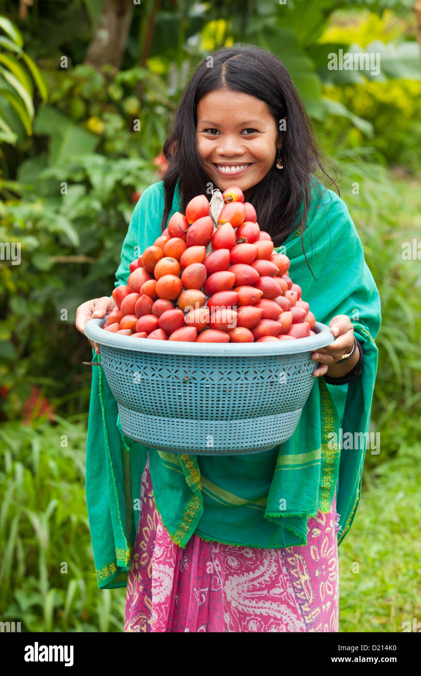 South-east asian woman carrying a basket of red fruit Stock Photo - Alamy
