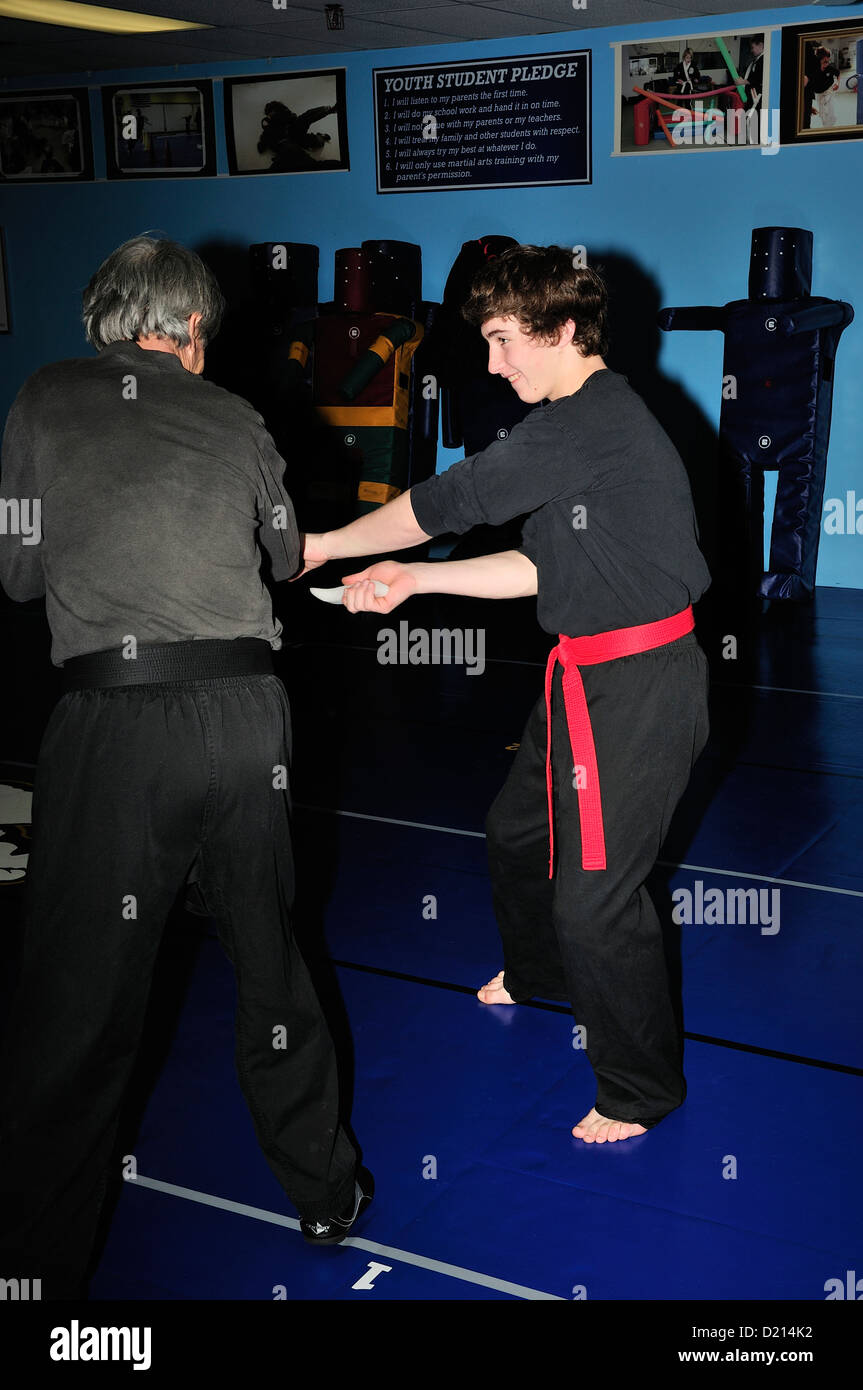 Hapkido Black Belt and Red Belt combatants practicing their art at a