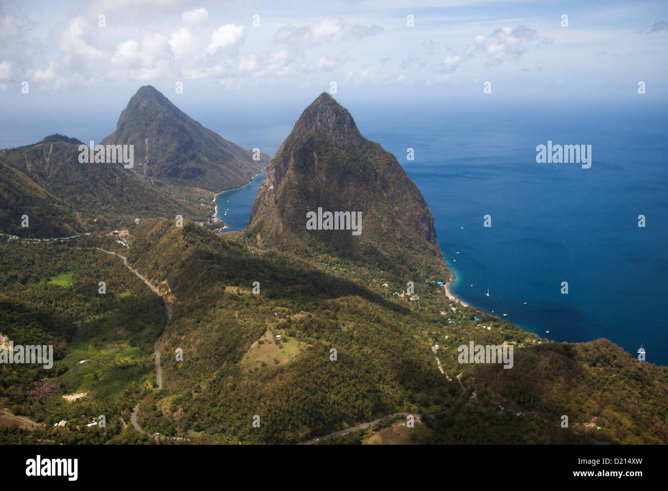 Aerial view of The Pitons, Soufriere, Soufriere, Saint Lucia, Caribbean Stock Photo