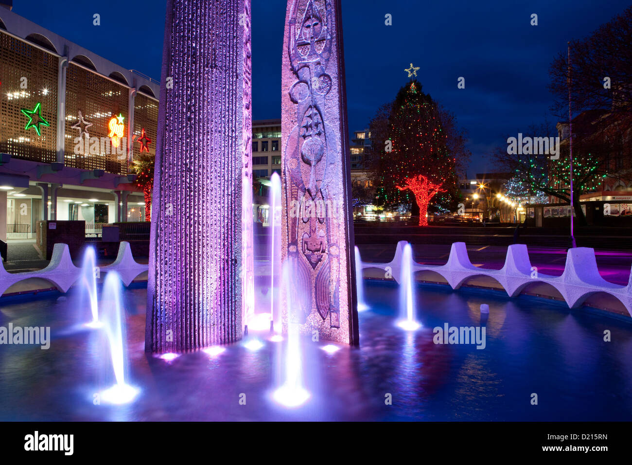 Centennial Square and fountain lit up for Christmas season.Victoria