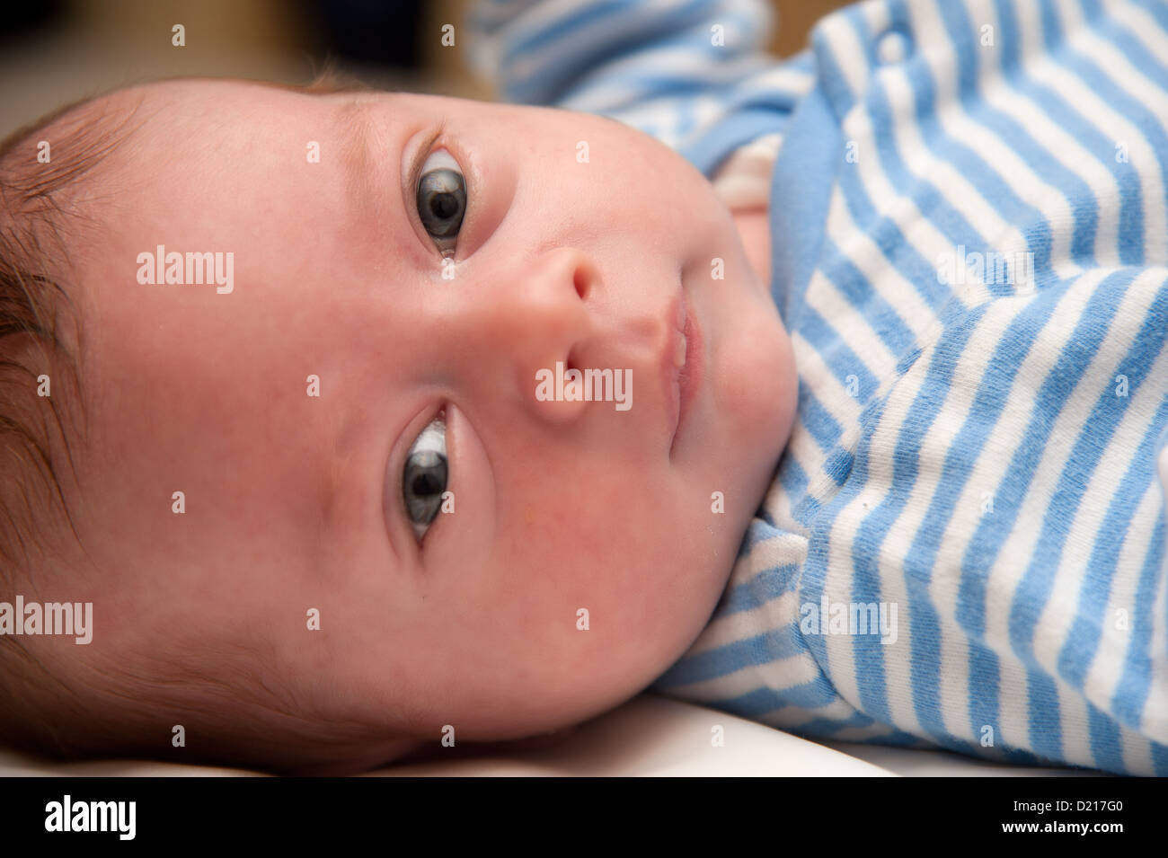Cute newborn baby boy lying on his back look towards the camera. He is wearing a blue and white hooped babygrow Stock Photo
