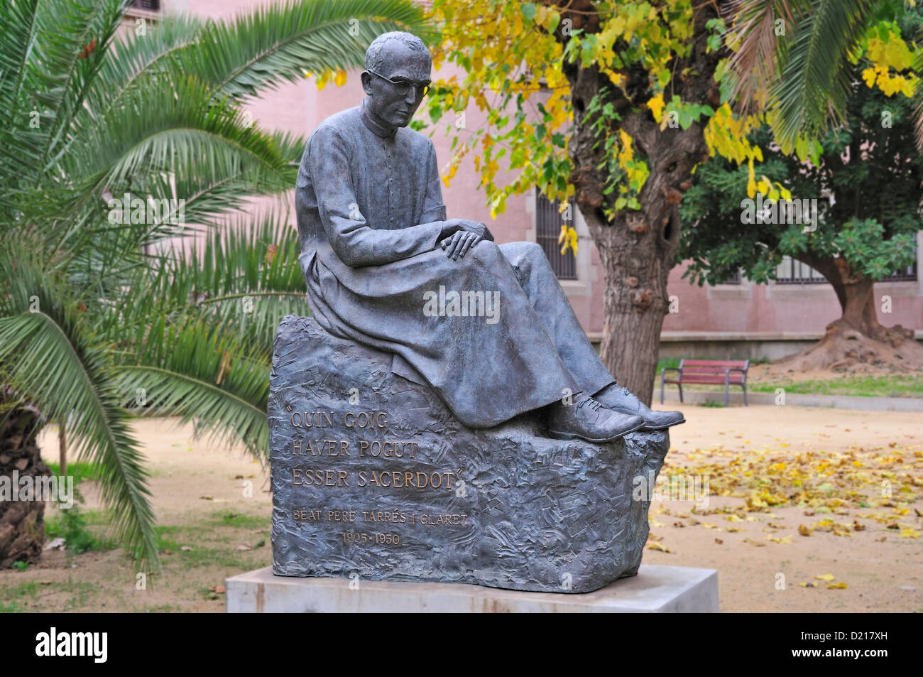 Barcelona, Catalonia, Spain. Bronze statue; Pere Tarres i Claret (doctor / priest 1905-1950) in grounds of Seminari de Barcelona Stock Photo