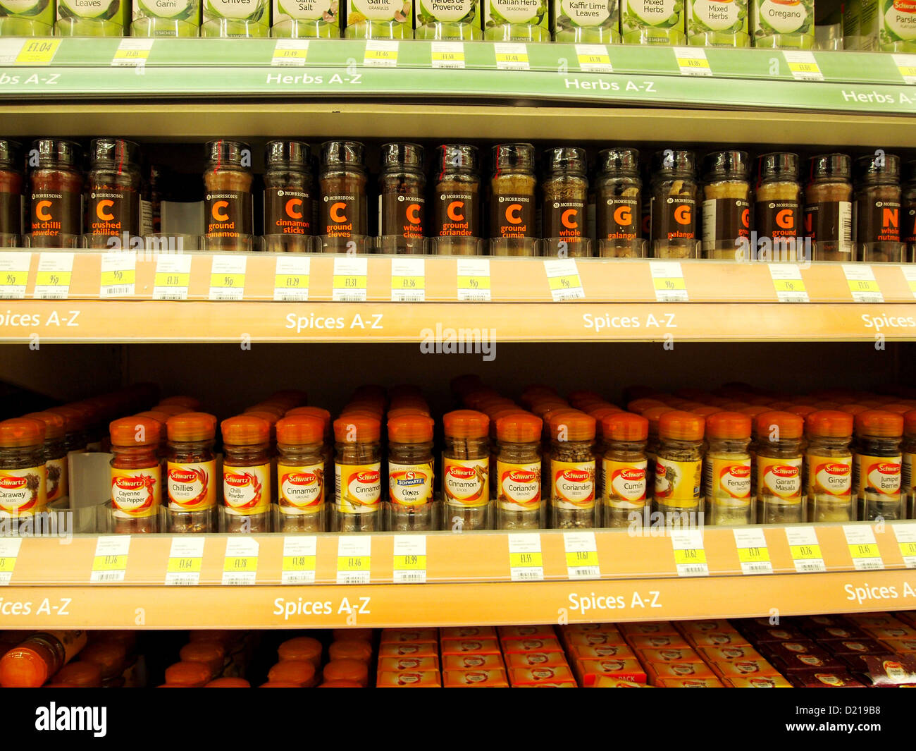Spices on display inside a modern English supermarket in Weston super