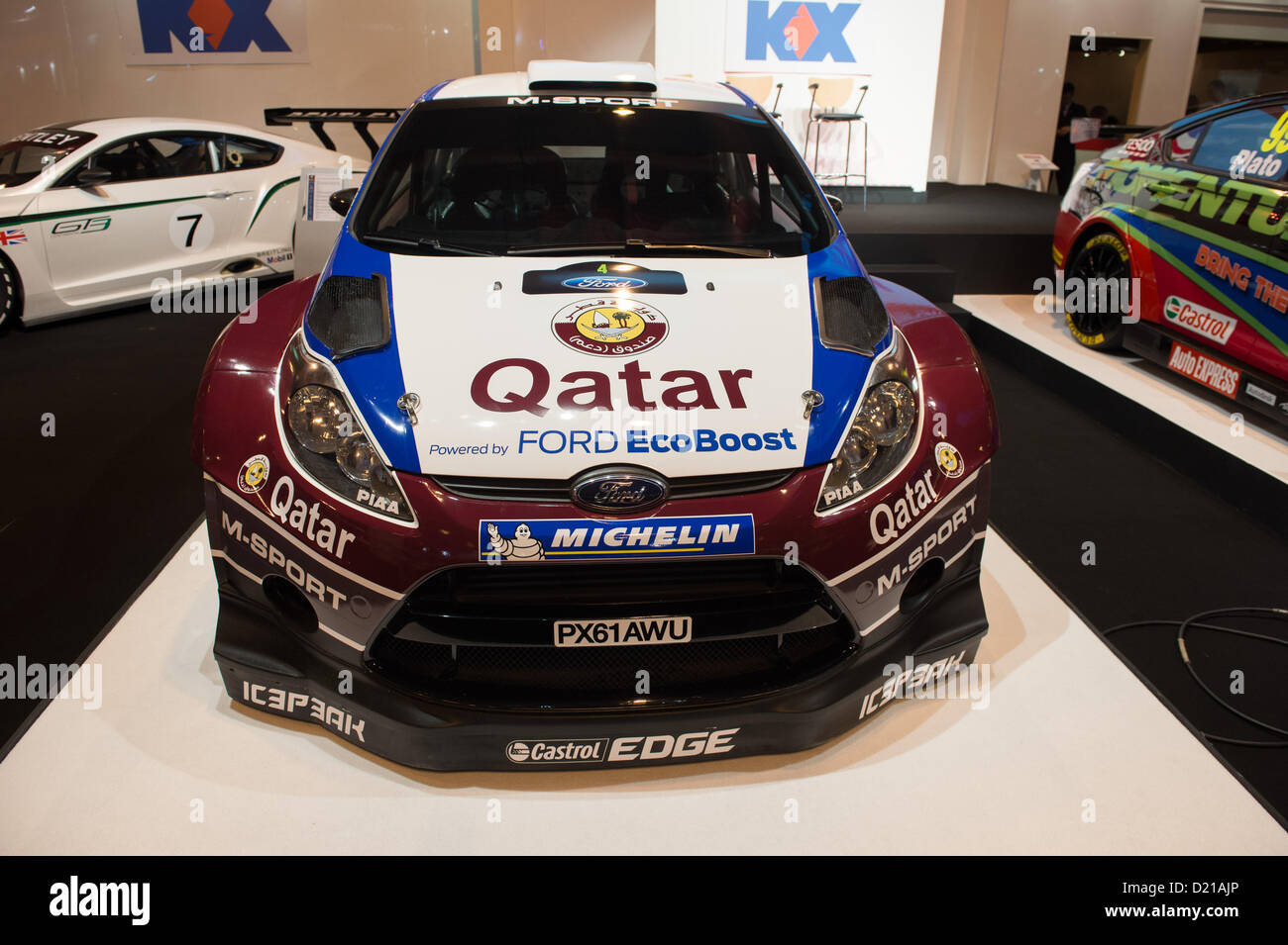 The new Quatar Ford Fiesta rallye car unveiled today by Malcolm Wilson and driver Mads Ostberg at Autosport International 2013 - NEC Stock Photo