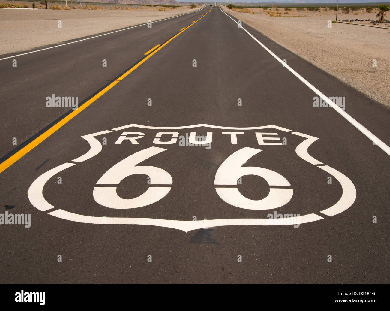 A historic Route 66 emblem painted on the surface of a highway Stock Photo