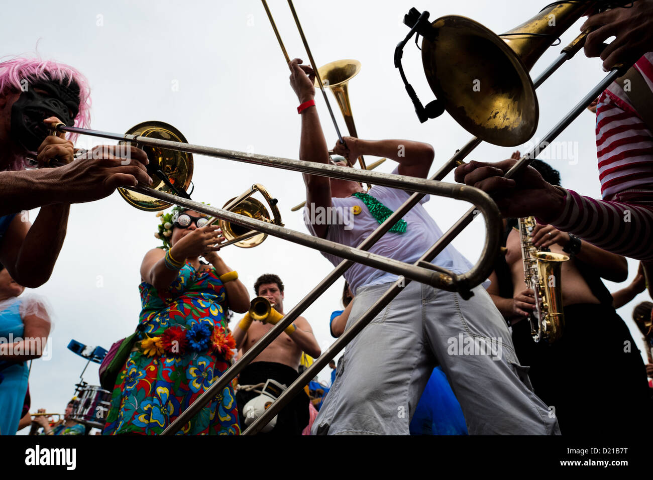 Brass players of the Orquestra Voadora band perform during the carnival