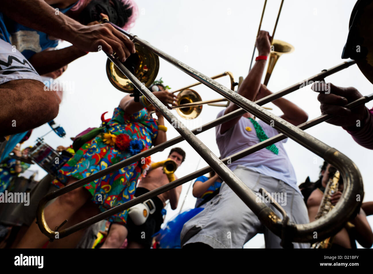 Brass players of the Orquestra Voadora band perform during the carnival
