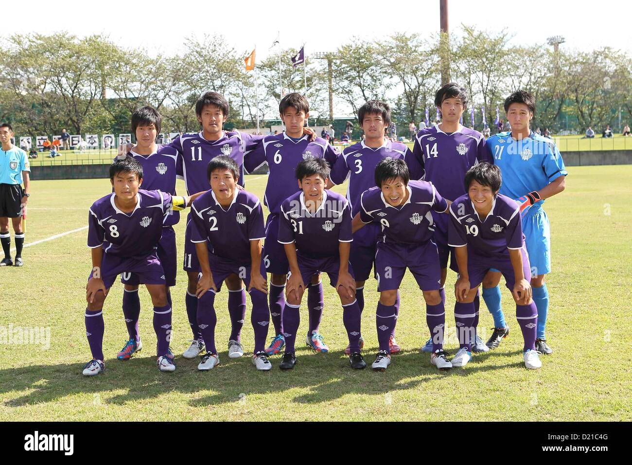 Meiji University team group line-up, OCTOBER 13, 2012 - Football / Soccer : Meiji University team group shot (Top row - L to R) Hirotaka Mita, Toyofumi Sakano, Hikaru Mizuno, Daiki, Ogawa, Kohei Yamakoshi, Ryuki Miura, (Bottom row - L to R) Ryota Iwabuchi, Shinya Awatari, Ryo Takahashi, Yuki Yamamura, Ryuji Izumi before the JR East Cup 2012, the 86th Kanto University Football League Division 1 match between Chuo University 0-3 Meiji University at Koga City Soccer Stadium in Ibaraki, Japan. (Photo by AFLO) Stock Photo