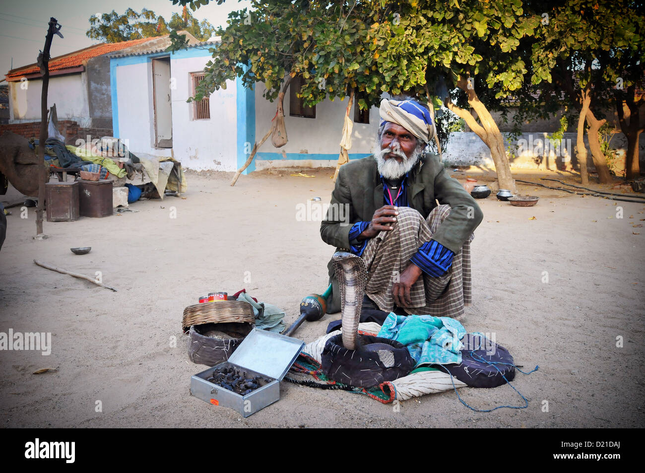 Gypsy snake charmer in India. Stock Photo