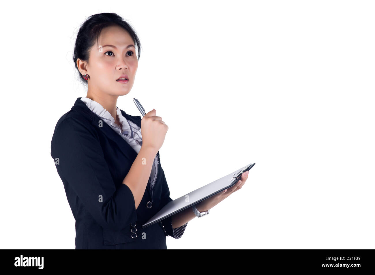 Portrait of a successful business woman holding a folder, isolated on white background. Stock Photo