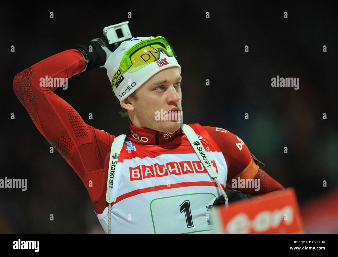 Norwegian biathlete Tarjei Boe stands at the shooting range during the 4 x 7.5 km relay at the Biathlon World Cup at Chiemgau Arena in Ruhpolding, Germany, 10 January 2013. Photo: ANDREAS GEBERT Stock Photo