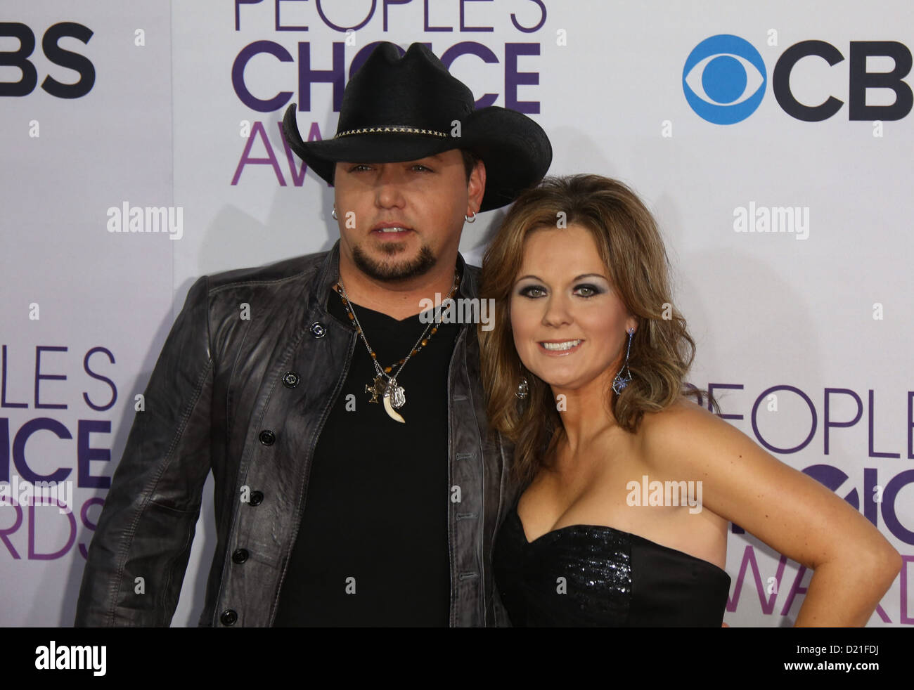 Country singer Jason Aldean and Jessica Aldean arrive at the 39th Annual People's Choice Awards at Nokia Theatre at L.A. Live in Los Angeles, USA, on 09 January 2013. Photo: Hubert Boesl/dpa Stock Photo