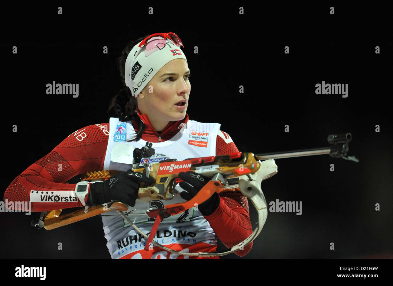 Norwegian biathlete Ann Kristin Aafedt Flatland stands at the shooting range during the women's relay event at the biathlon world cup at Chiemgau Arena in Ruhpolding, Germany, 09 January 2013. Norway won the relay. Photo: ANDREAS GEBERT Stock Photo