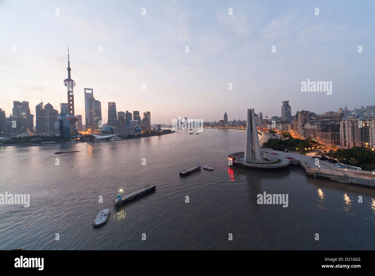 Skyline of Pudong at the Huangpu River at sunrise, Pudong, Shanghai, China, Asia Stock Photo