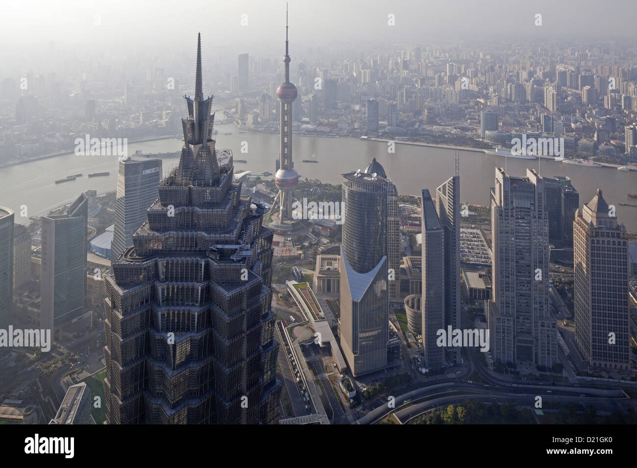 View from the observation deck of the Shanghai World Financial Center over city and Huangpu river, Pudong, Shanghai, China, Asia Stock Photo