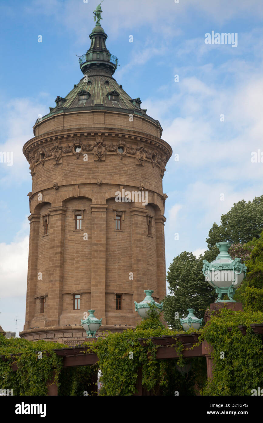 Fountains and water tower at the park, Mannheim, Baden-Wurttemberg, Germany, Europe Stock Photo