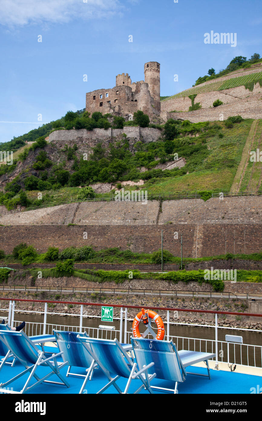 View of Rhine river cruise ship MS Bellevue and Burg Ehrenfels castle, Rudesheim am Rhein, Hesse, Germany, Europe Stock Photo