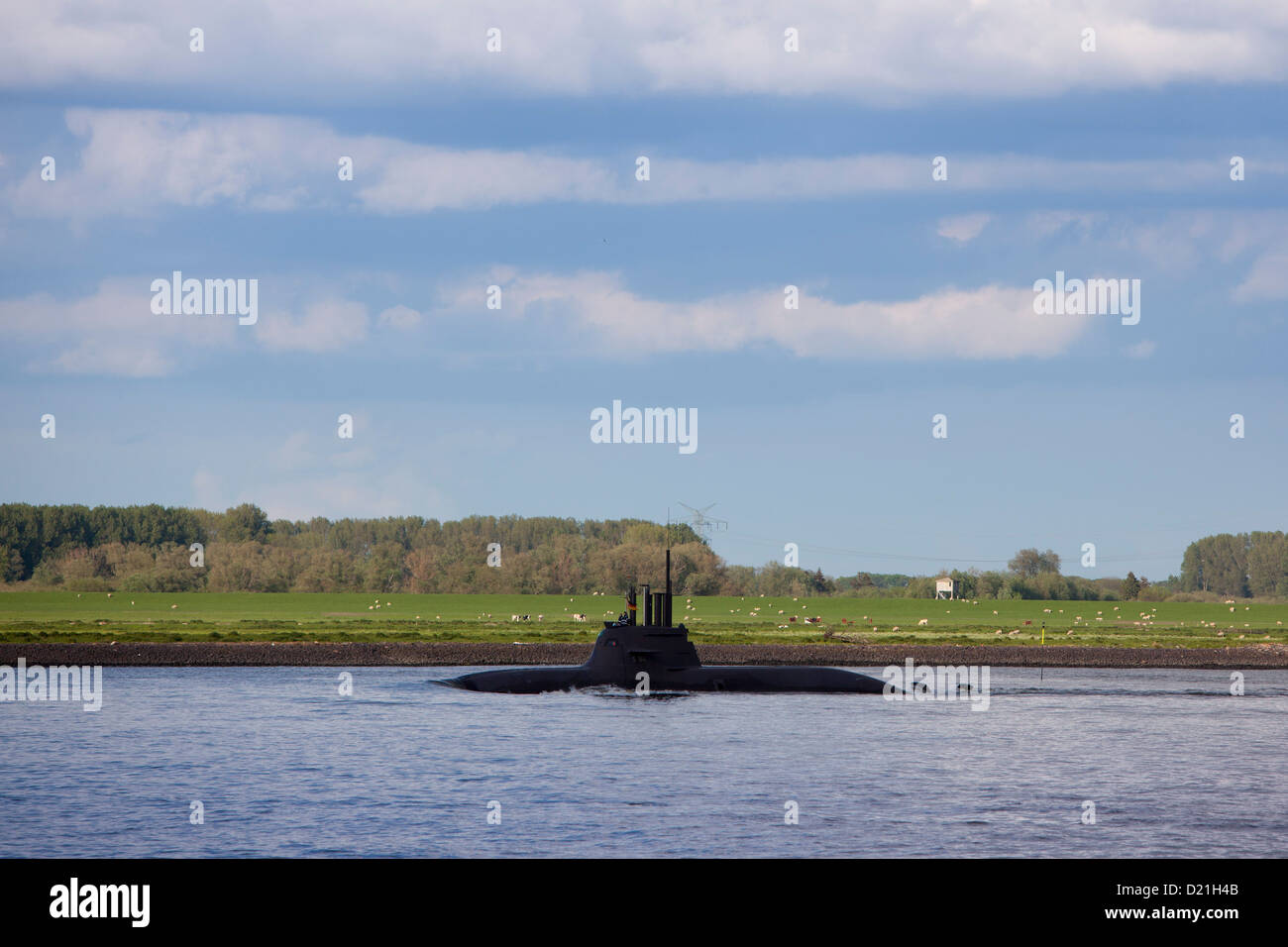 German submarine U 34 on Elbe river in front of green meadow on the riverbanks, Stade, Lower Saxony, Germany, Europe Stock Photo