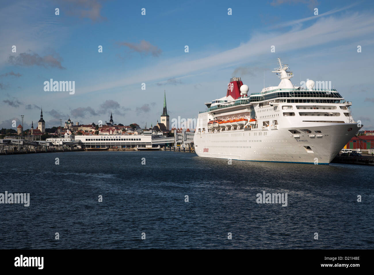 Cruise ship MS Empress in front of steeples of Tallinn, Harjumaa, Estonia, Baltic States, Europe Stock Photo