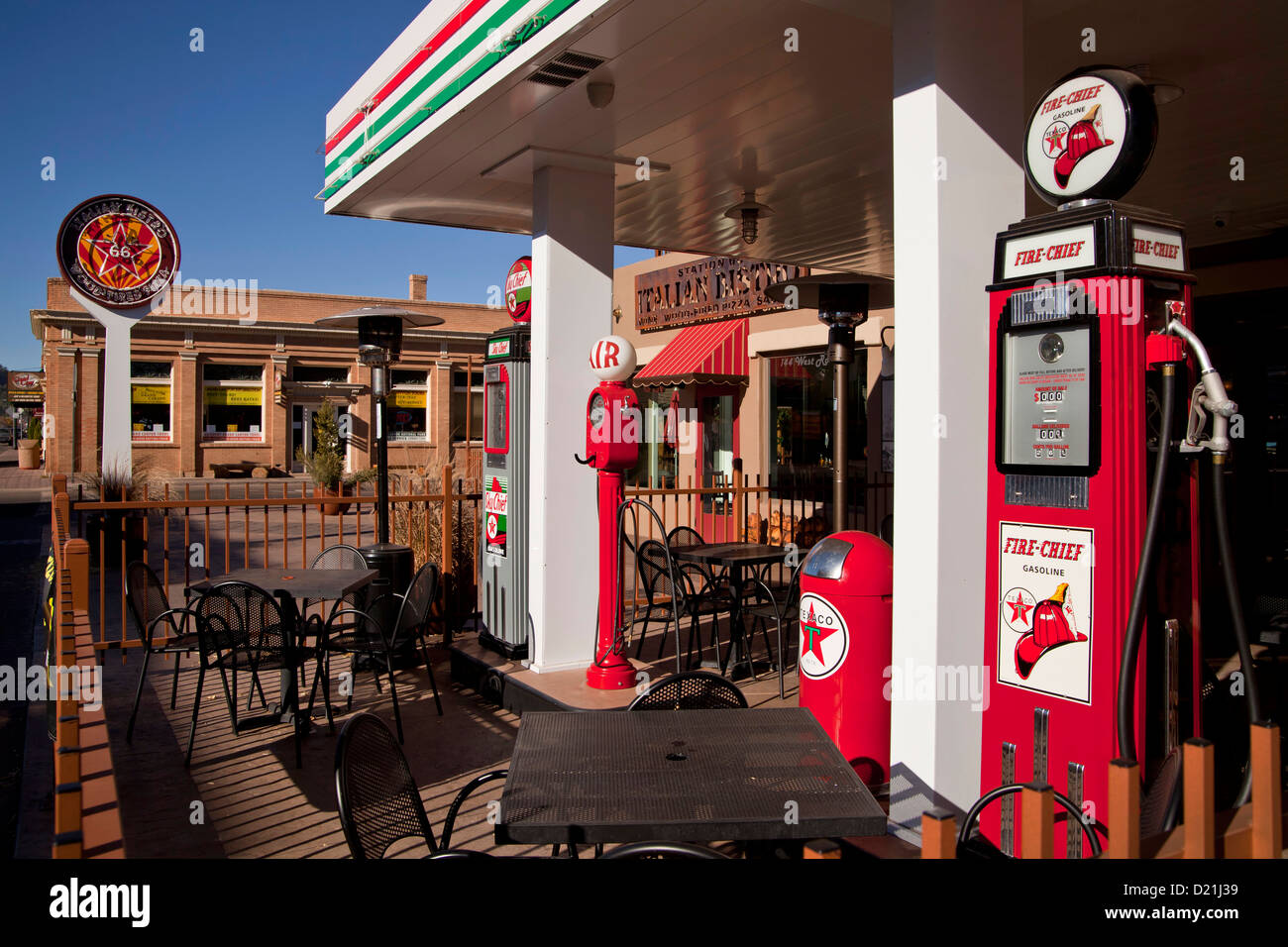 Italian Bistro in historic gas station style on Route 66, Kingman, Arizona, United States of America, USA Stock Photo
