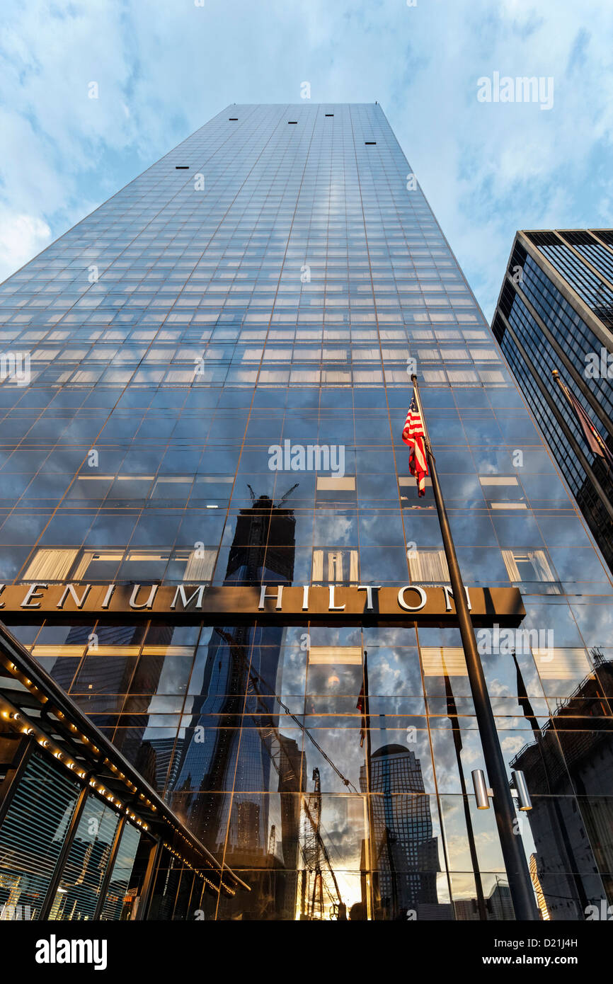Freedom Tower with the Hilton sign, 1 WTC, Ground Zero, Lower Manhattan, New York City, New York, USA Stock Photo