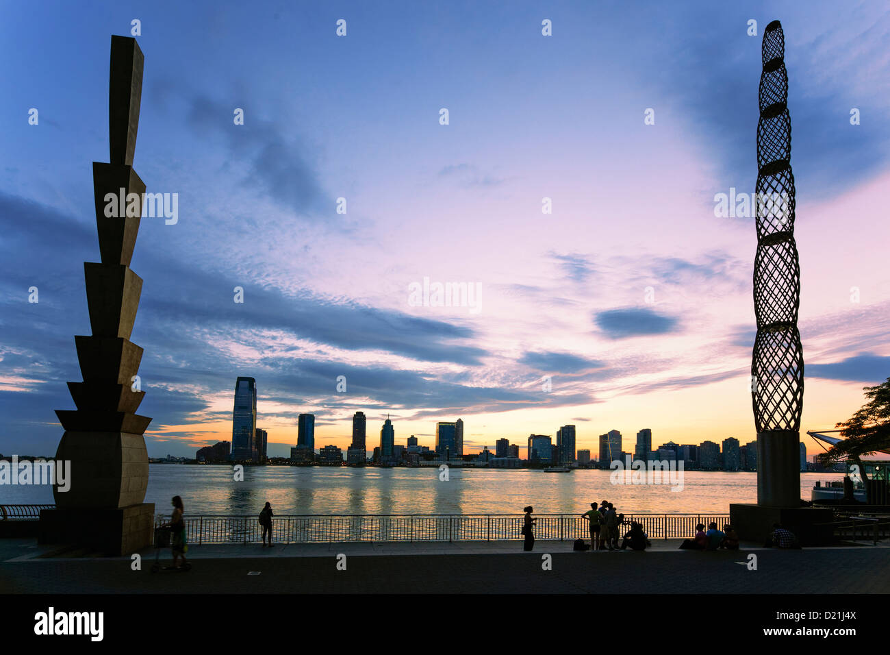 Pylons by Martin Puryear, View from Battery Park to Skyline of New Jersey at Sunset, Belvedere, Winter Garden, Hudson River, New Stock Photo
