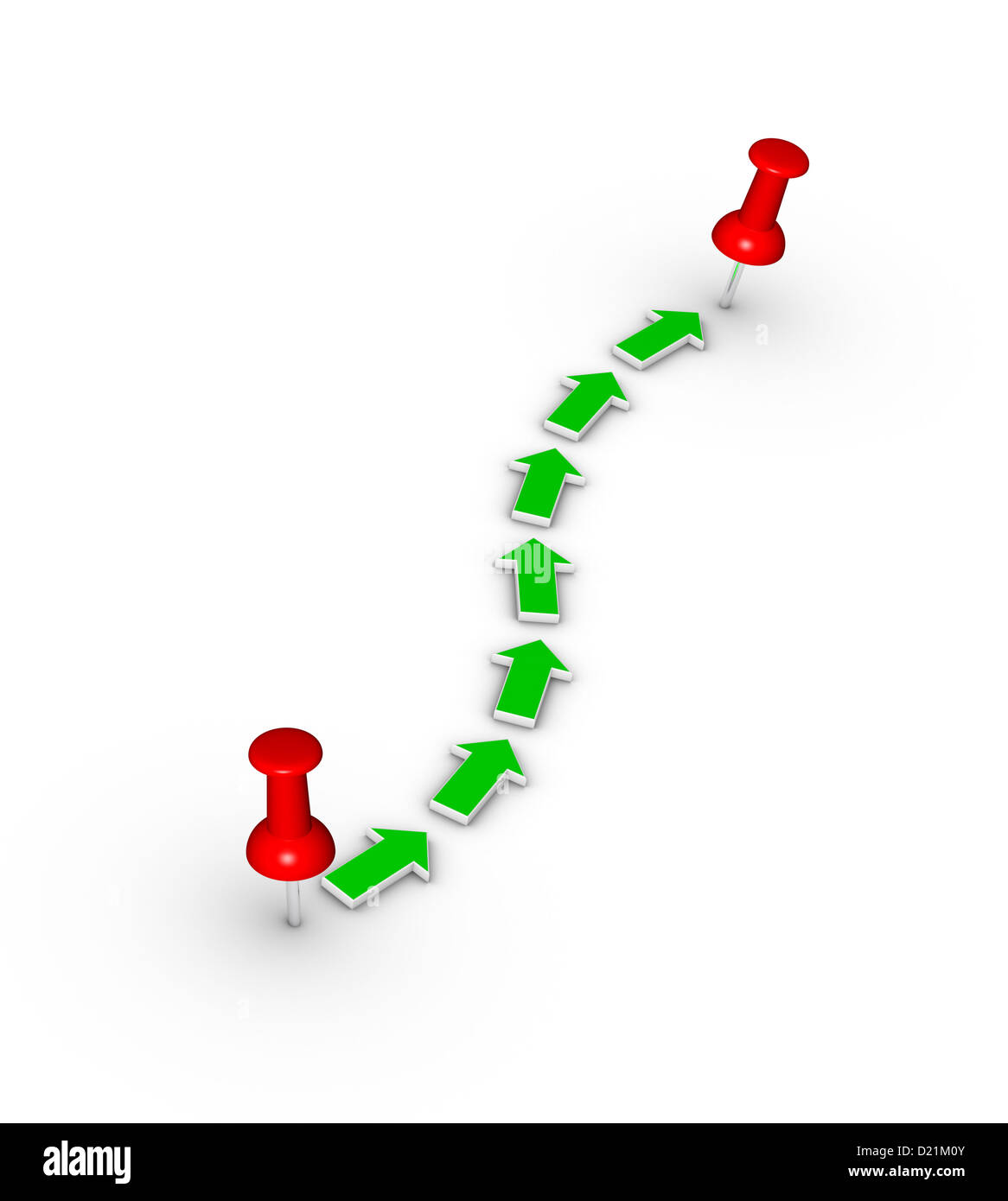 pointtopoint travel route with red thumbtacks and green arrows Stock