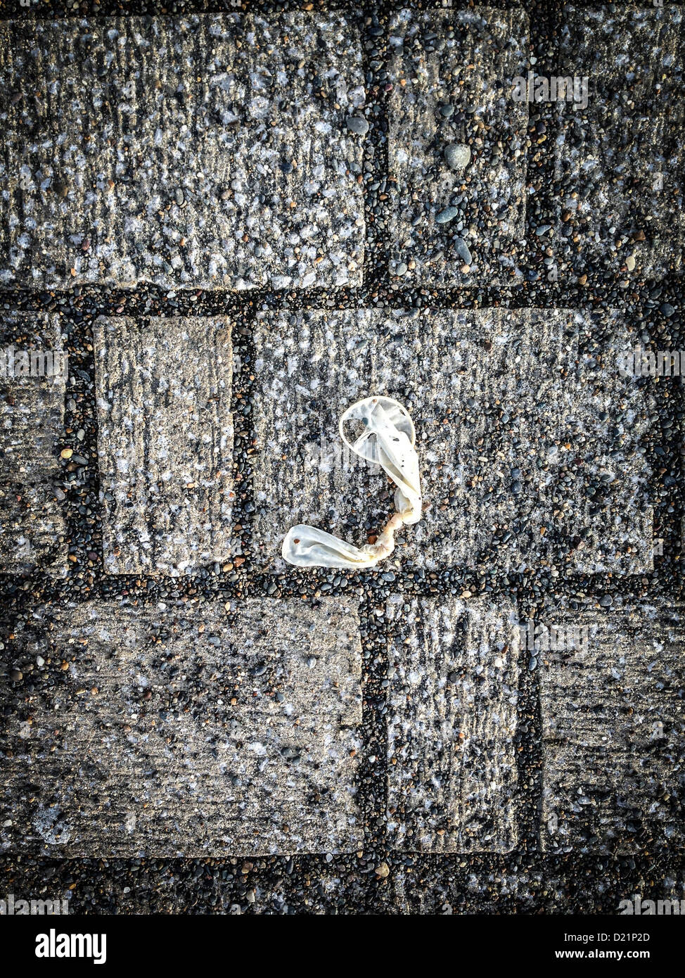Looking down at a discarded used condom on the ground pavement sidewalk, UK Stock Photo