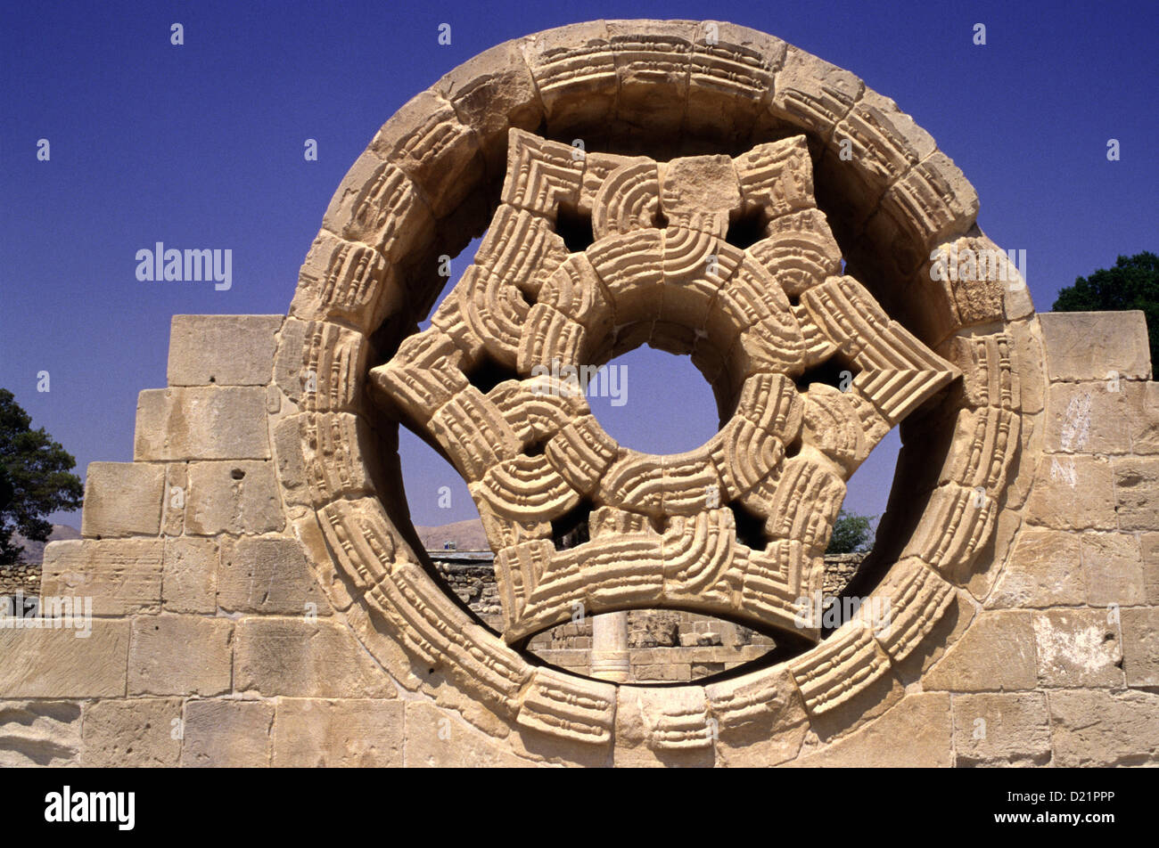 Reconstructed relief ornament in Khirbat al-Mafjar popularly known as Hisham's Palace an early Islamic archaeological site near Jericho, in the West Bank Israel Stock Photo