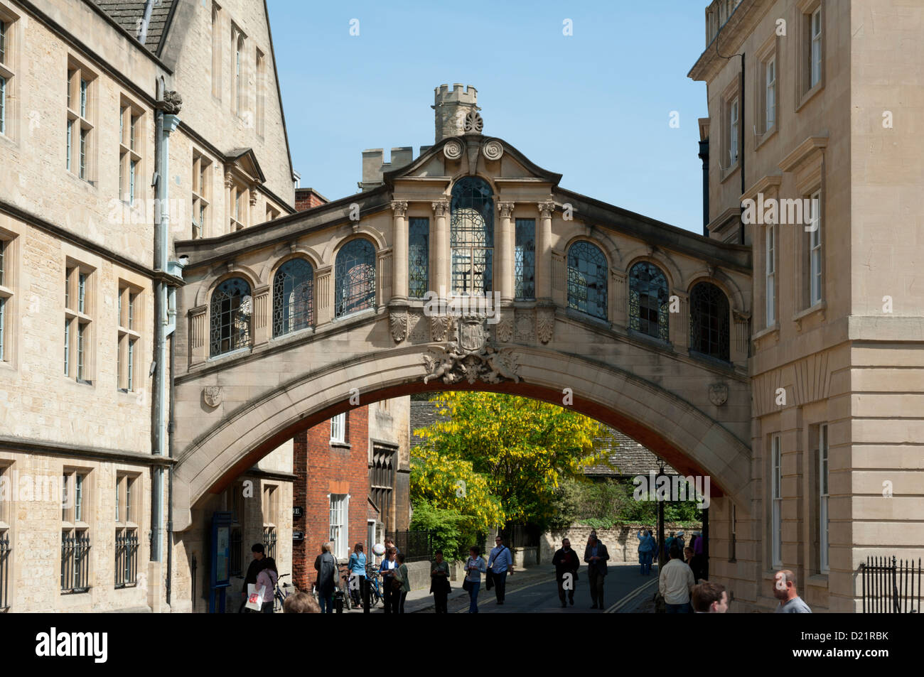View east from Clarendon Court, across Catte Street to Hertford Bridge (by Jackson) and New College Lane, Oxford, England, UK Stock Photo