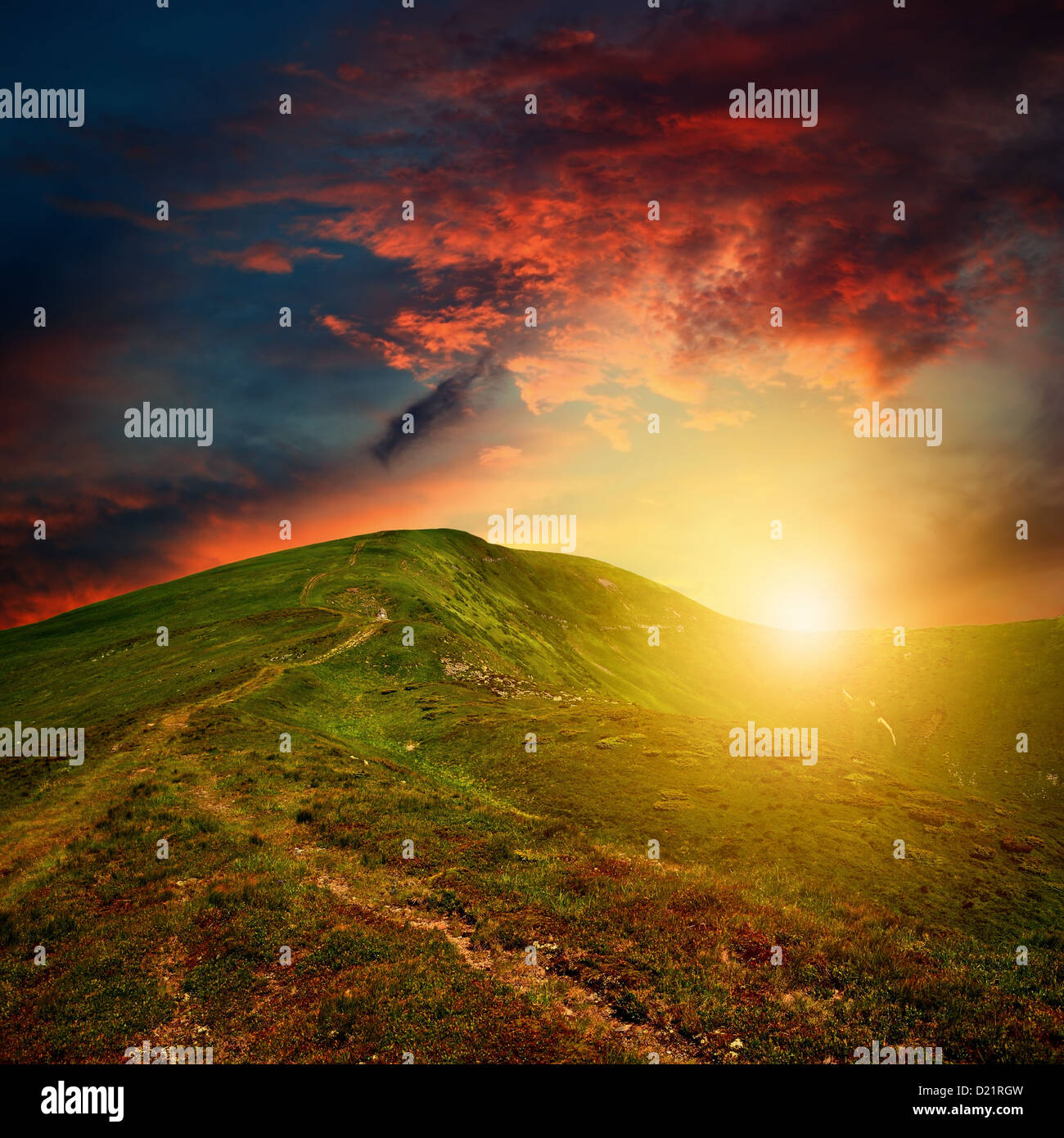mountain sunset with red clouds Stock Photo Alamy