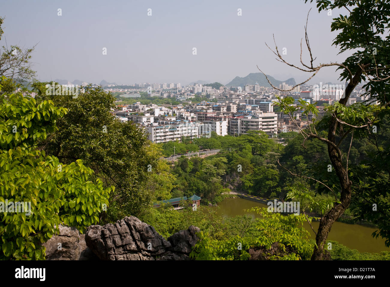 Guilin city in Guangxi Province in Southern China, seen from the side of the mountain in Xishan Park. Stock Photo