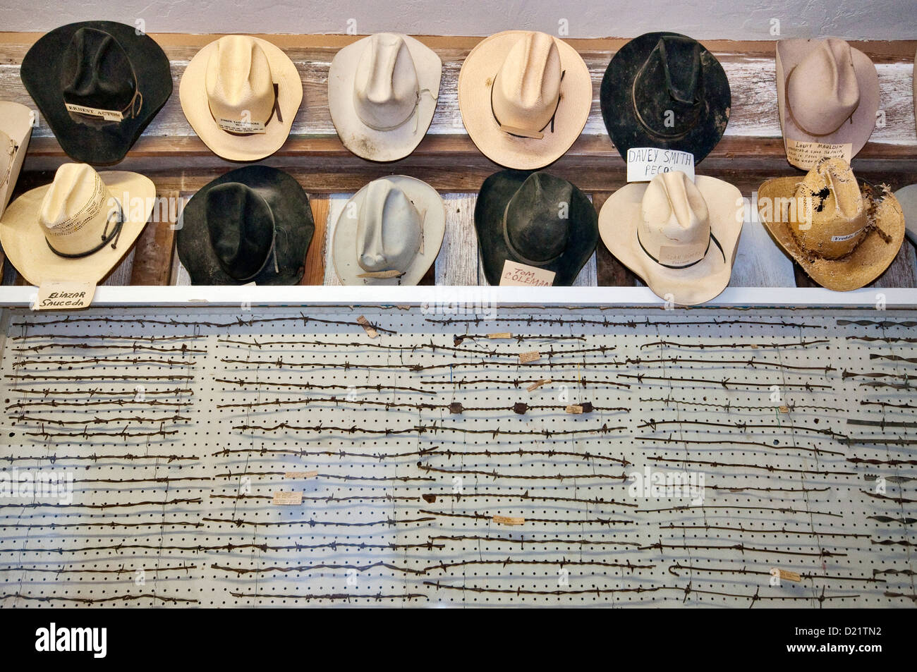 Cowboy hats and barbed wire samples at Rodeo and Brand Room, Western