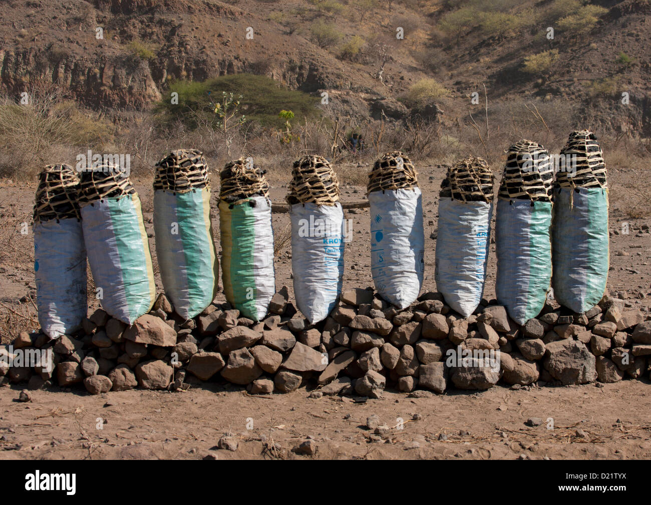Coal Bags Sold On The Roadside, Assaita, Afar Regional State, Ethiopia