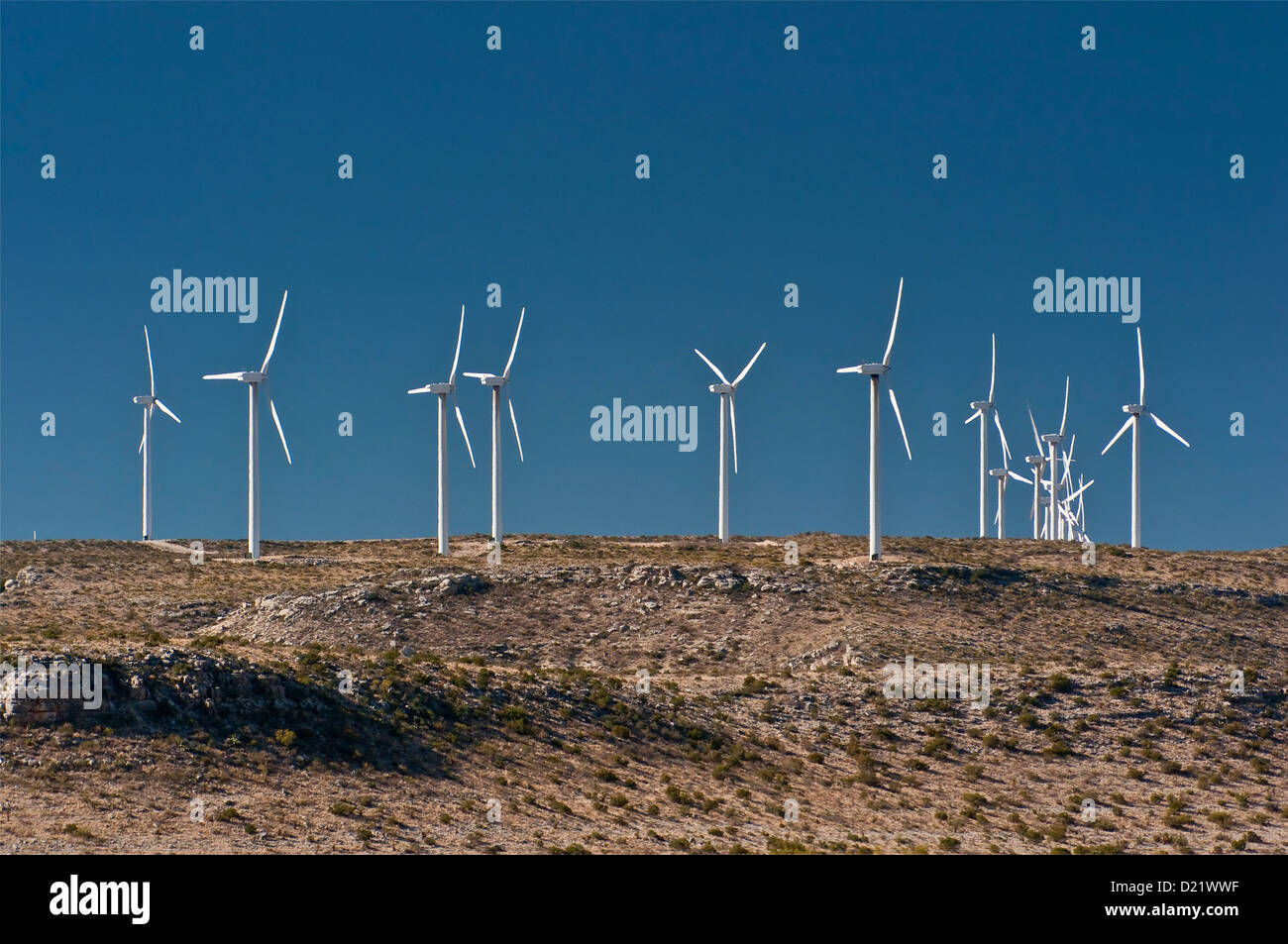Wind turbines at Stockton Plateau over Pecos River Valley, near McCamey